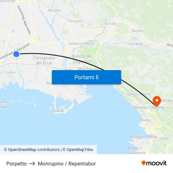 Porpetto to Monrupino / Repentabor map