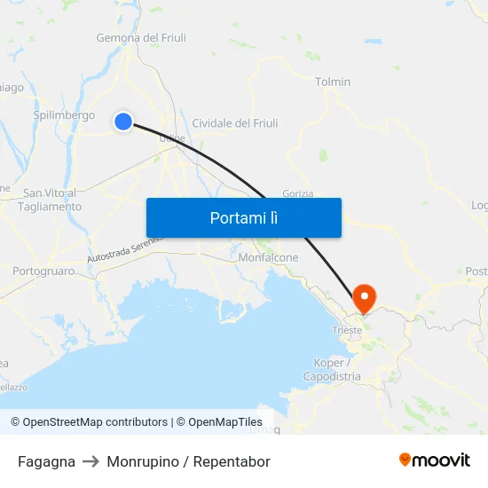 Fagagna to Monrupino / Repentabor map