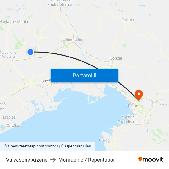 Valvasone Arzene to Monrupino / Repentabor map