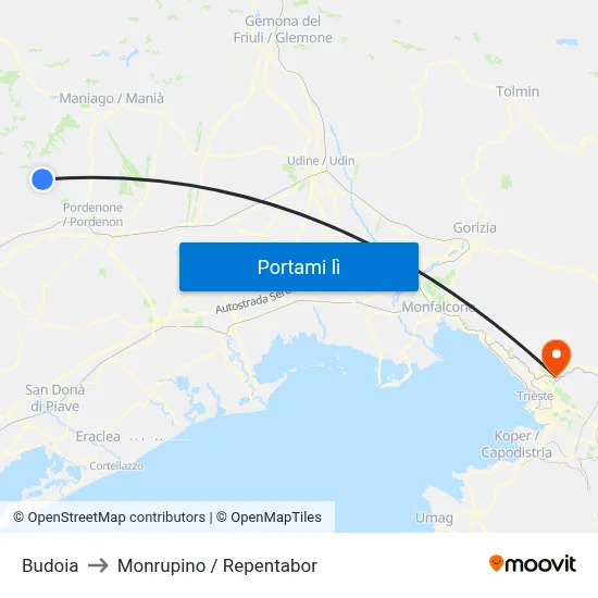 Budoia to Monrupino / Repentabor map
