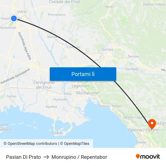 Pasian Di Prato to Monrupino / Repentabor map