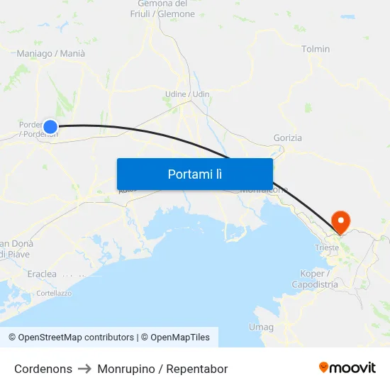 Cordenons to Monrupino / Repentabor map