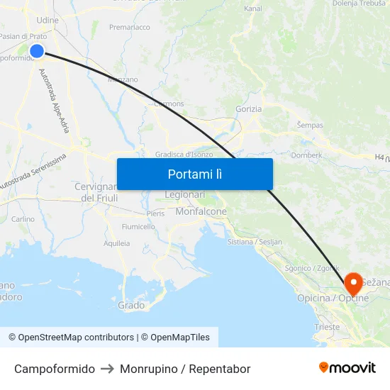 Campoformido to Monrupino / Repentabor map