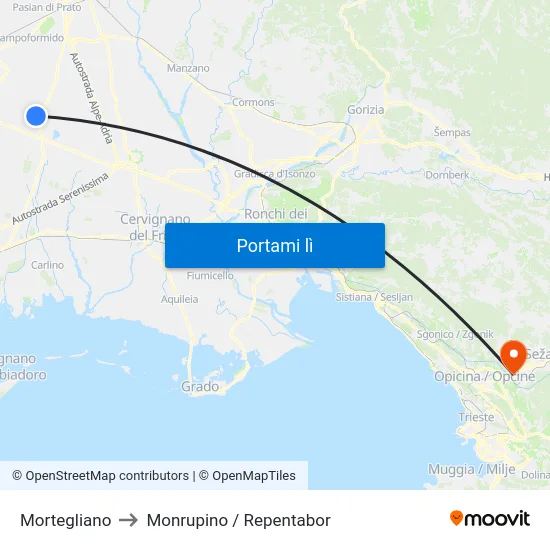 Mortegliano to Monrupino / Repentabor map