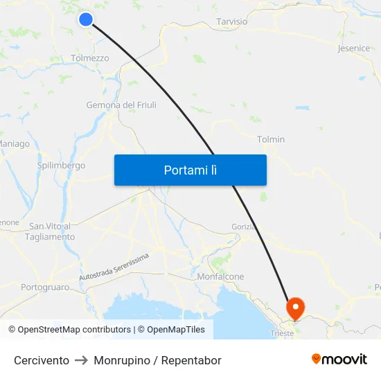Cercivento to Monrupino / Repentabor map