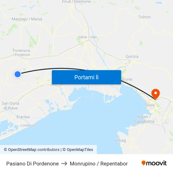 Pasiano Di Pordenone to Monrupino / Repentabor map