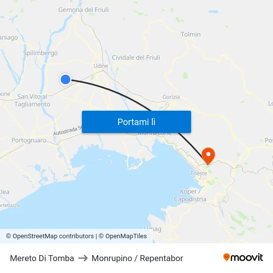 Mereto Di Tomba to Monrupino / Repentabor map