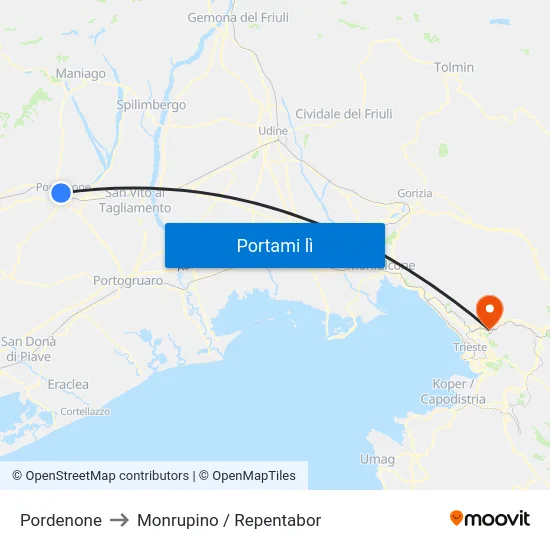 Pordenone to Monrupino / Repentabor map