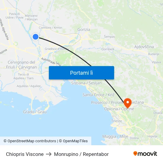 Chiopris Viscone to Monrupino / Repentabor map