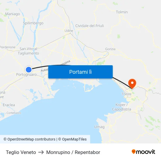 Teglio Veneto to Monrupino / Repentabor map