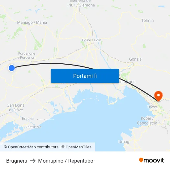 Brugnera to Monrupino / Repentabor map