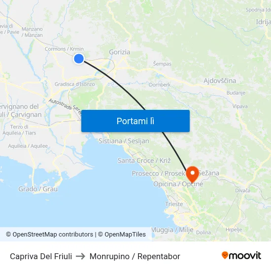 Capriva Del Friuli to Monrupino / Repentabor map