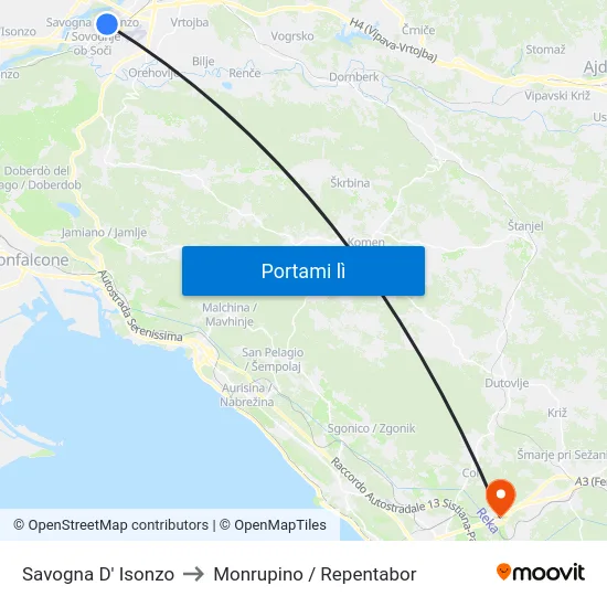 Savogna D' Isonzo to Monrupino / Repentabor map