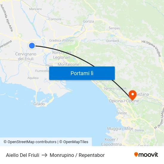 Aiello Del Friuli to Monrupino / Repentabor map
