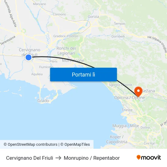 Cervignano Del Friuli to Monrupino / Repentabor map