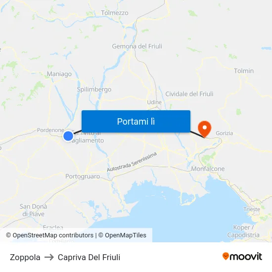 Zoppola to Capriva Del Friuli map