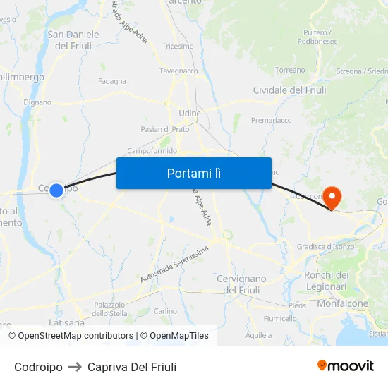 Codroipo to Capriva Del Friuli map