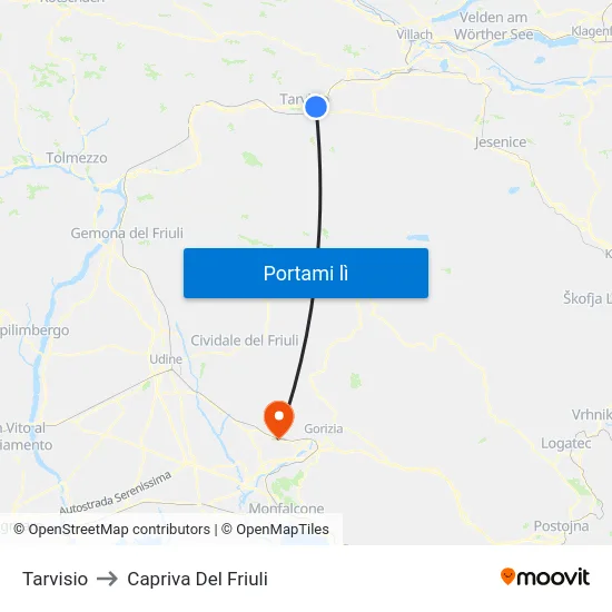 Tarvisio to Capriva Del Friuli map