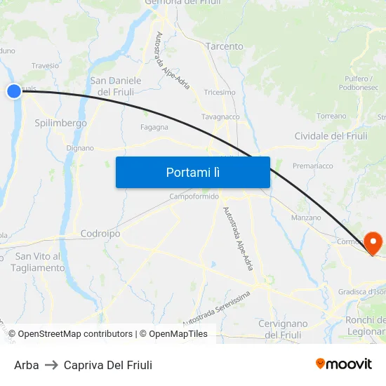 Arba to Capriva Del Friuli map