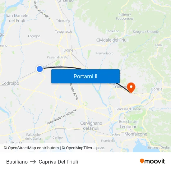 Basiliano to Capriva Del Friuli map