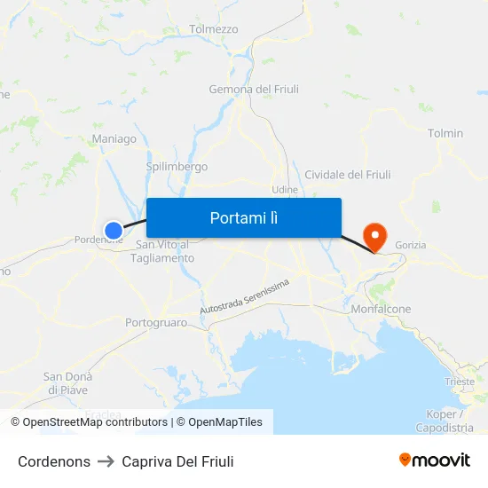 Cordenons to Capriva Del Friuli map