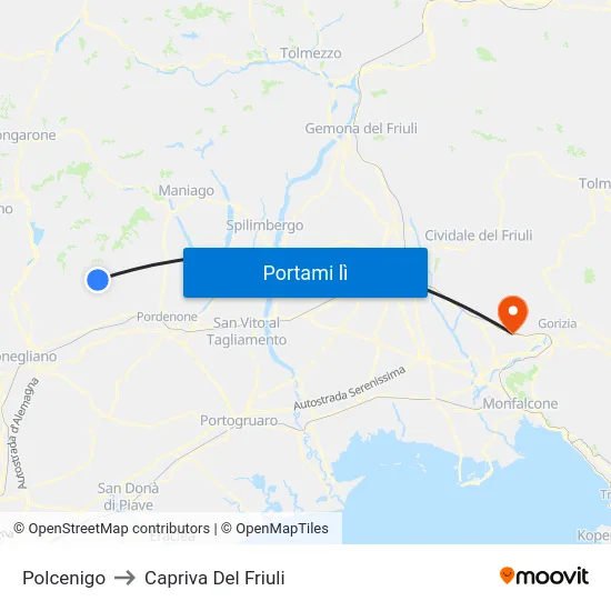Polcenigo to Capriva Del Friuli map