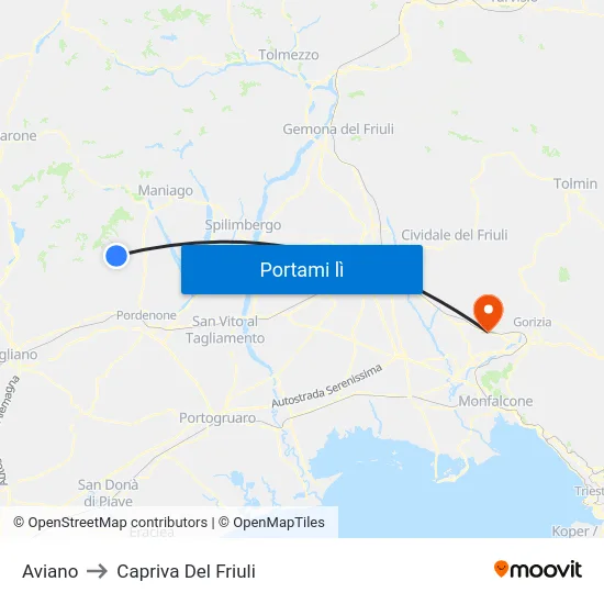 Aviano to Capriva Del Friuli map