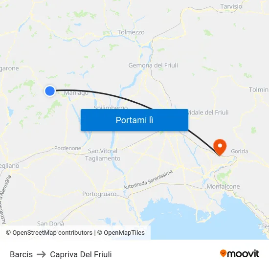 Barcis to Capriva Del Friuli map