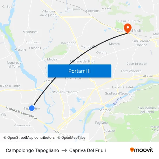 Campolongo Tapogliano to Capriva Del Friuli map