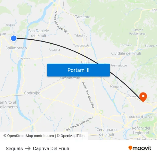 Sequals to Capriva Del Friuli map