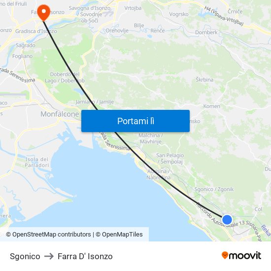 Sgonico to Farra D' Isonzo map