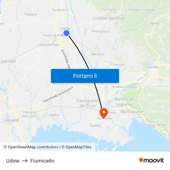 Udine to Fiumicello map