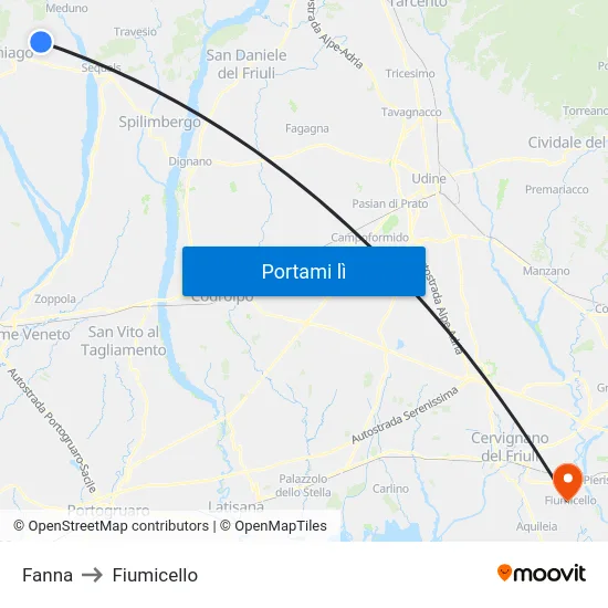 Fanna to Fiumicello map
