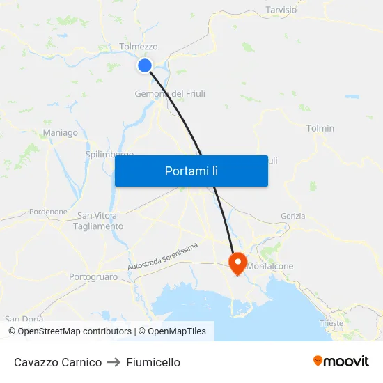 Cavazzo Carnico to Fiumicello map