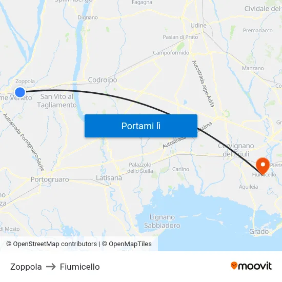 Zoppola to Fiumicello map