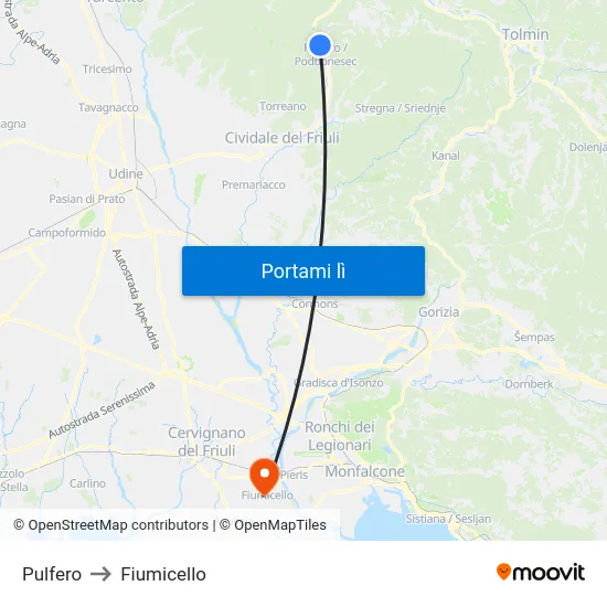 Pulfero to Fiumicello map