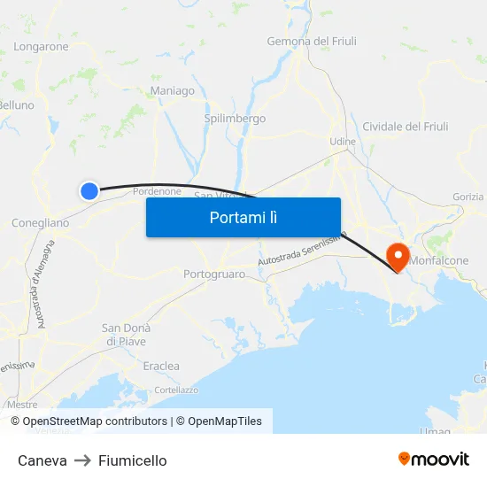 Caneva to Fiumicello map