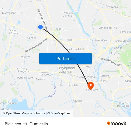 Bicinicco to Fiumicello map