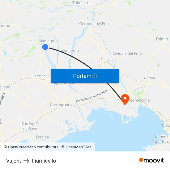 Vajont to Fiumicello map
