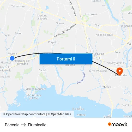 Pocenia to Fiumicello map