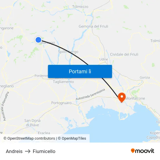 Andreis to Fiumicello map