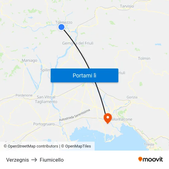 Verzegnis to Fiumicello map