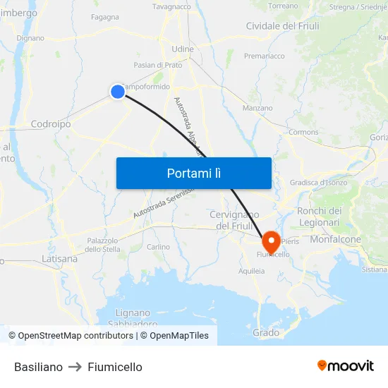 Basiliano to Fiumicello map
