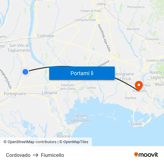 Cordovado to Fiumicello map