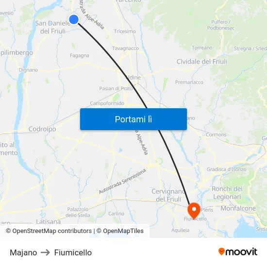 Majano to Fiumicello map