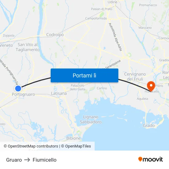 Gruaro to Fiumicello map