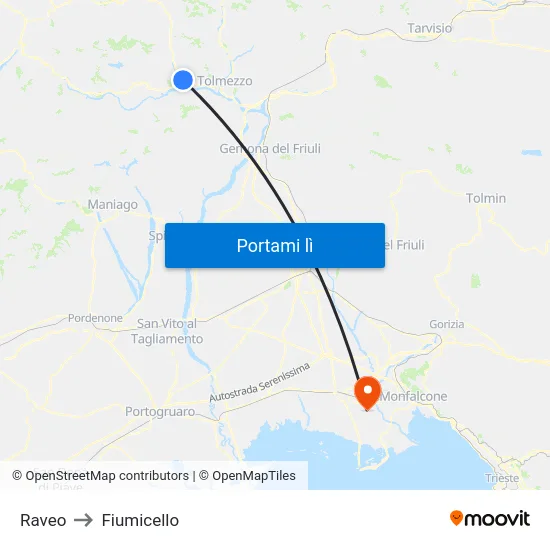 Raveo to Fiumicello map