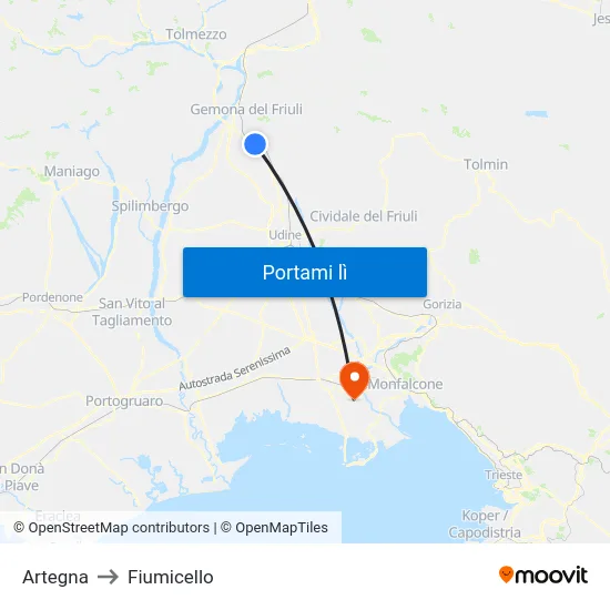 Artegna to Fiumicello map