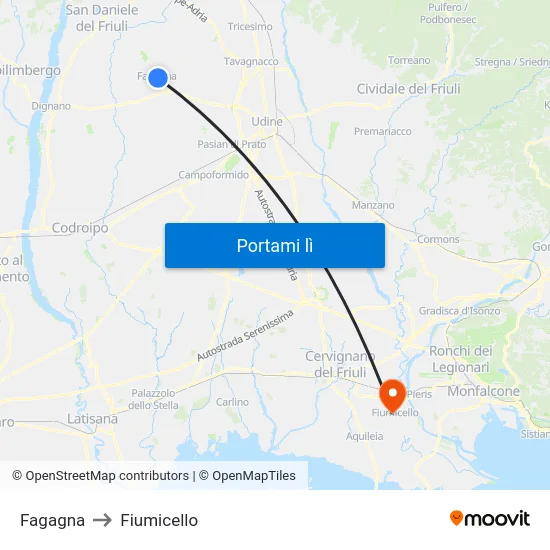 Fagagna to Fiumicello map
