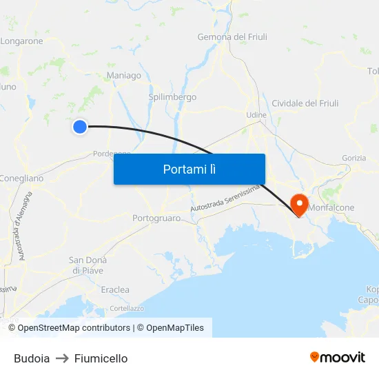 Budoia to Fiumicello map